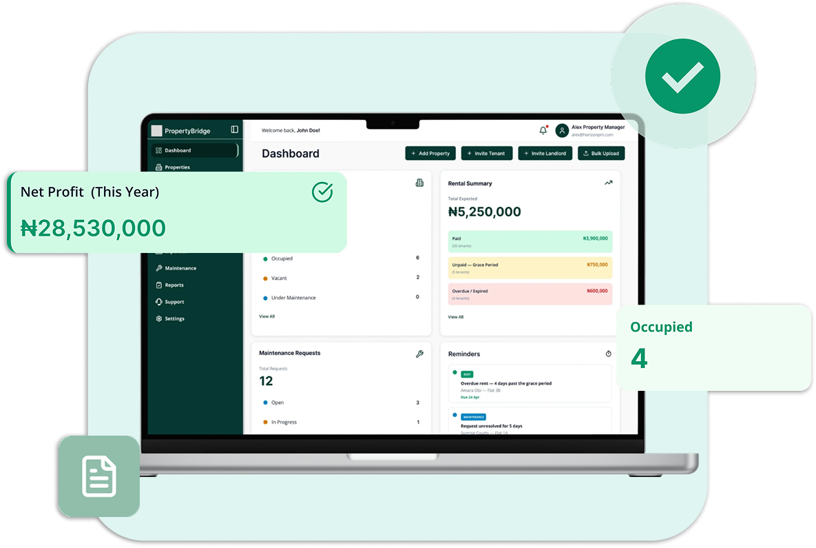 PropertyBridge dashboard preview with Net Profit and Occupied stats