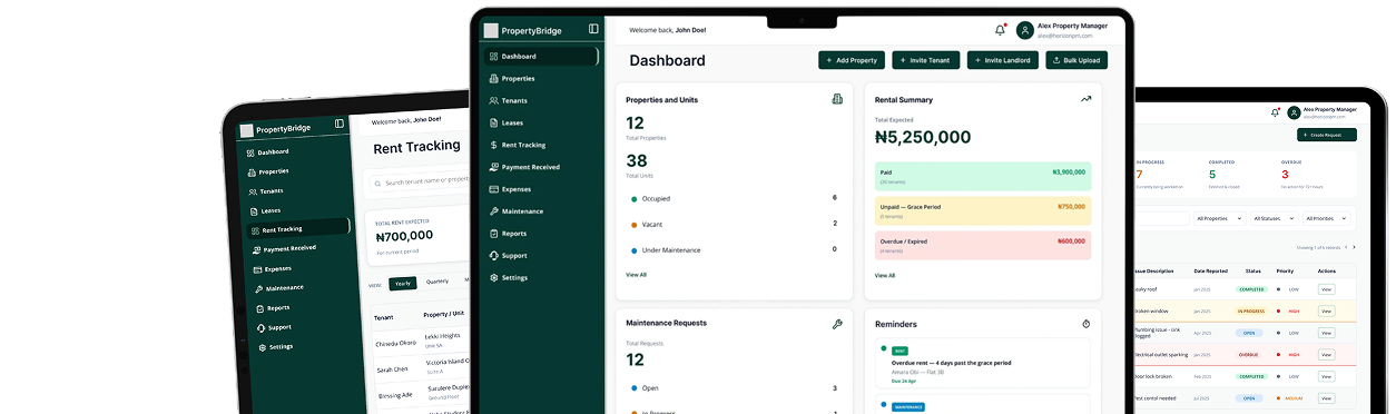 PropertyBridge dashboard on tablet and laptop devices