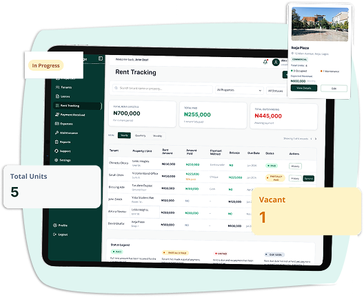Rent tracking dashboard with totals and statuses