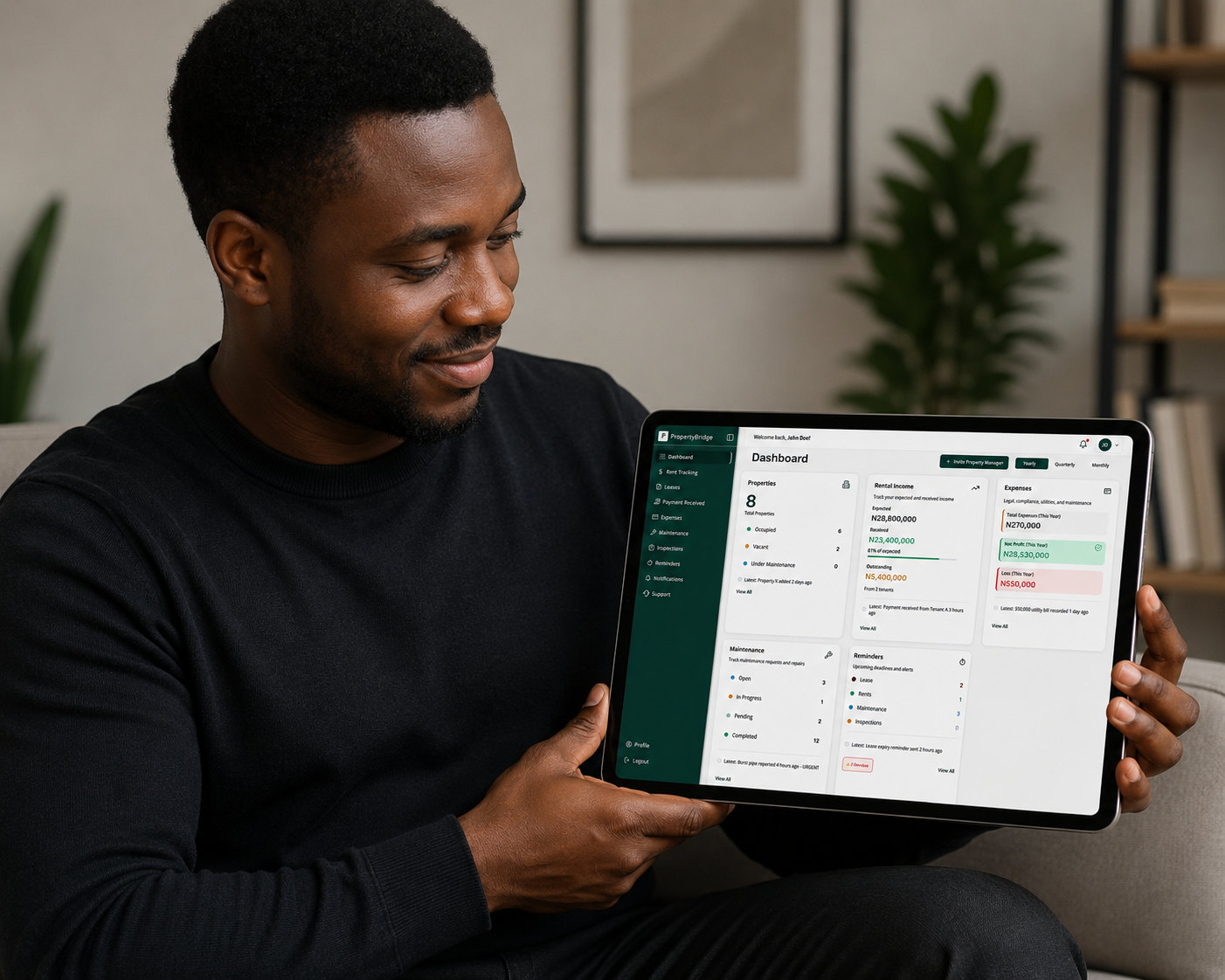 Landlord holding a tablet showing the PropertyBridge dashboard