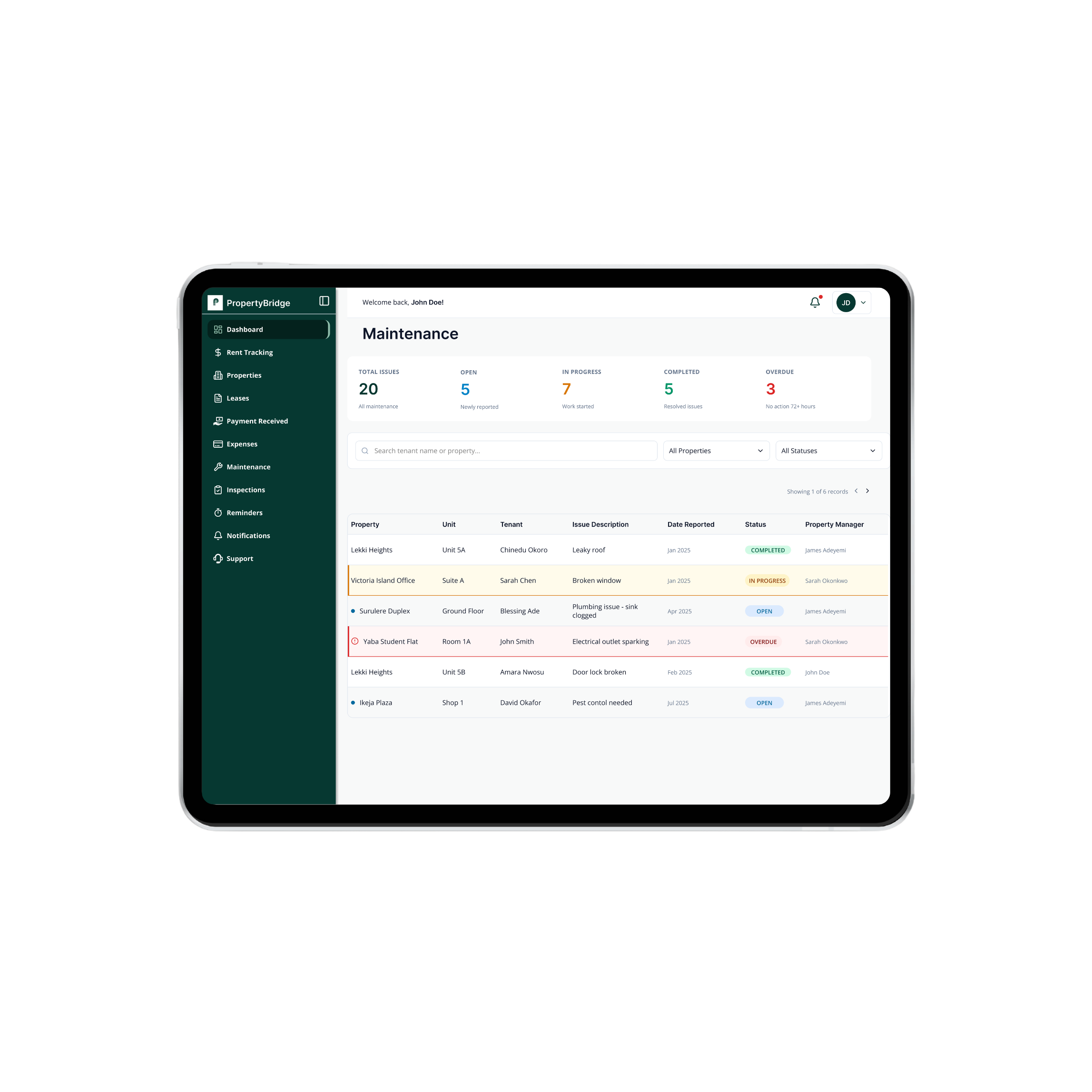 Maintenance and inspection dashboard