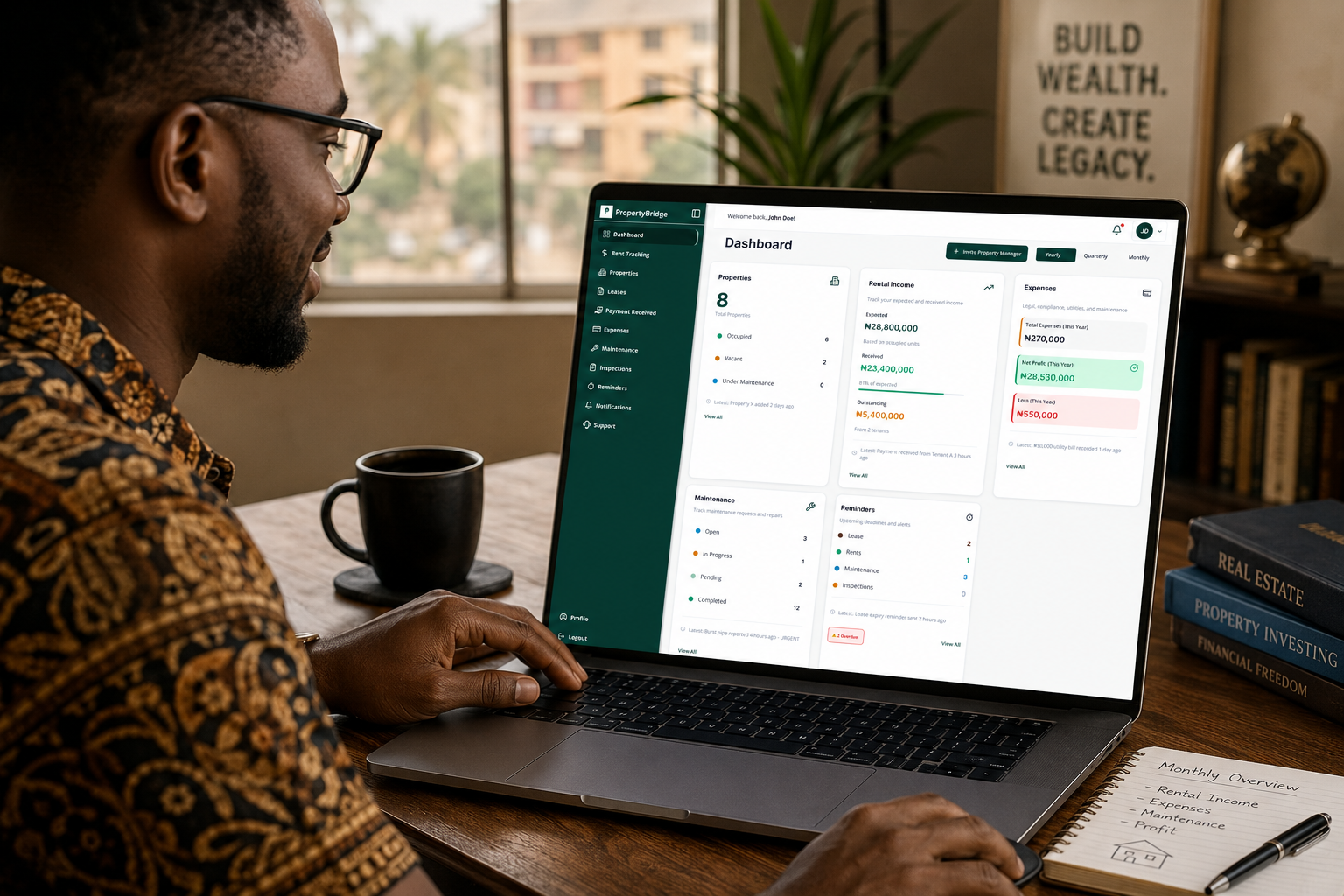 Landlord reviewing property operations on a laptop